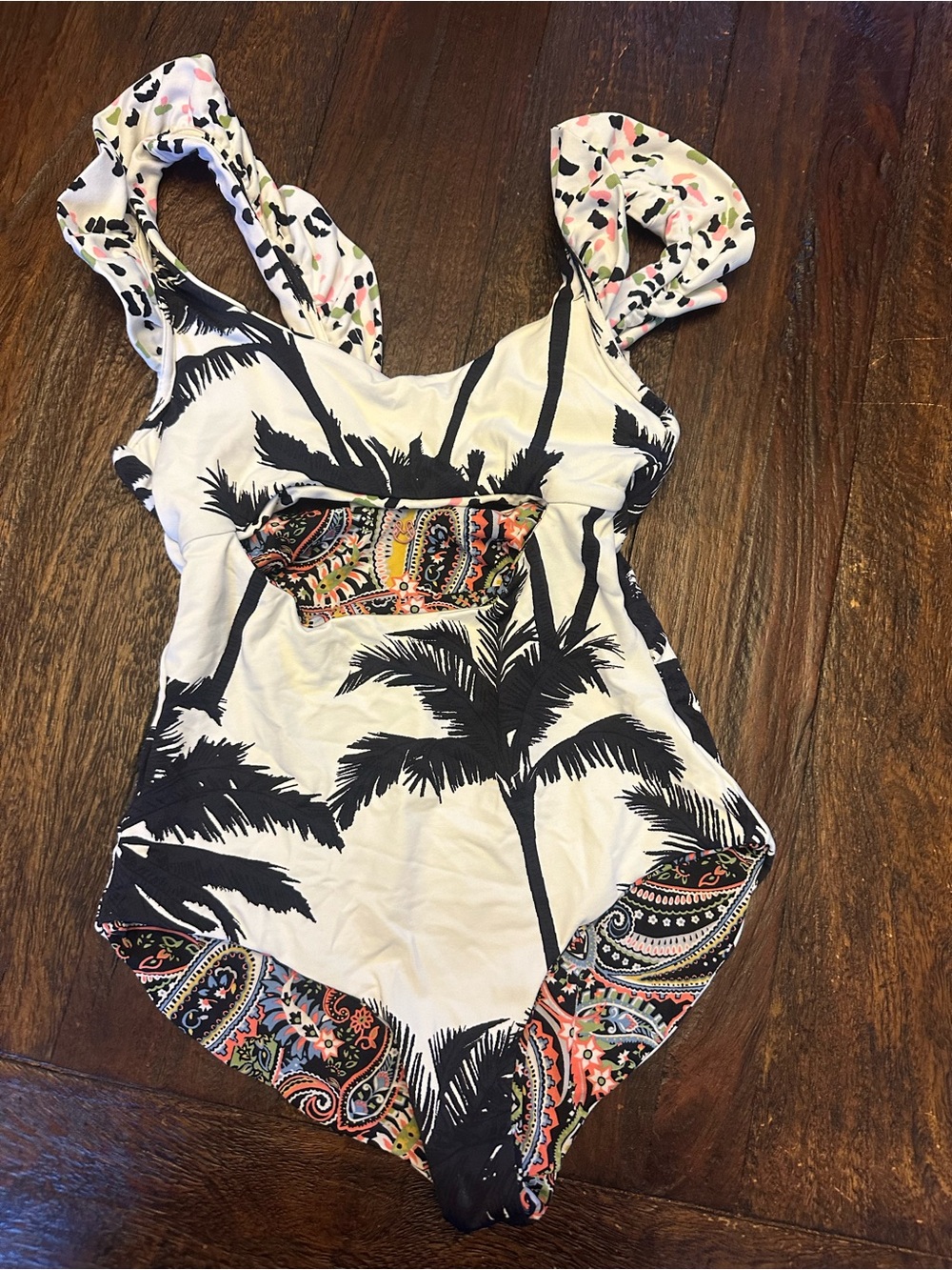 Girls REVERSIBLE MAAJI White Palm-Print  and Paisley one-piece with peep